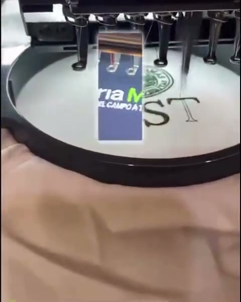 Escudo y letras bordándose sobre tela clara en el bastidor